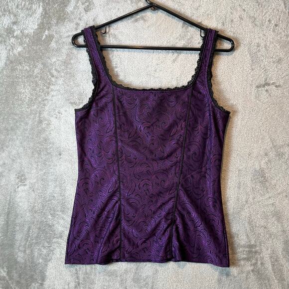 Y2K Vintage Gothic Paisley Purple Brocade Corset Tank Top Lace Trim Grunge Small - Picture 2 of 5